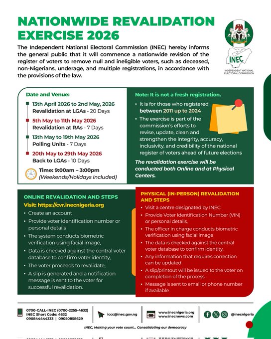 INEC Revalidation Exercise 2026
2027 Elections
